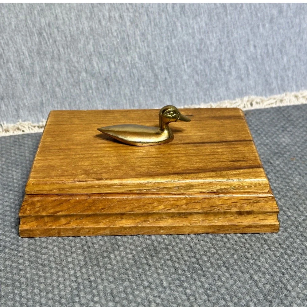 VTG Rustic Wooden Lodge Card Box w/Brass Duck Figurine Lid or Jewelry Case Decor